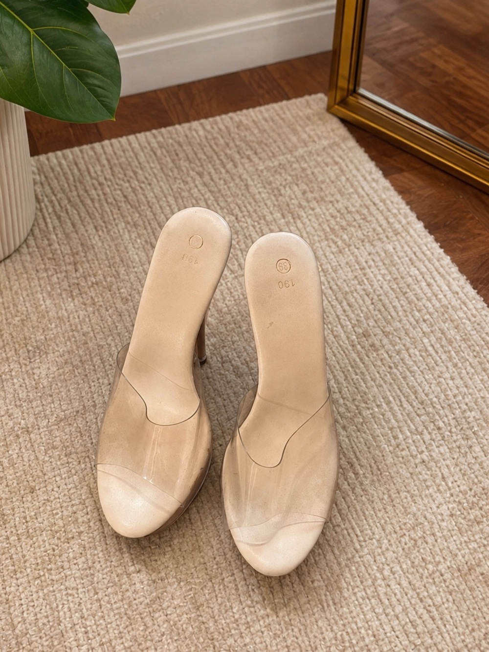 Clear Strap Beige Slide Heels for Women
